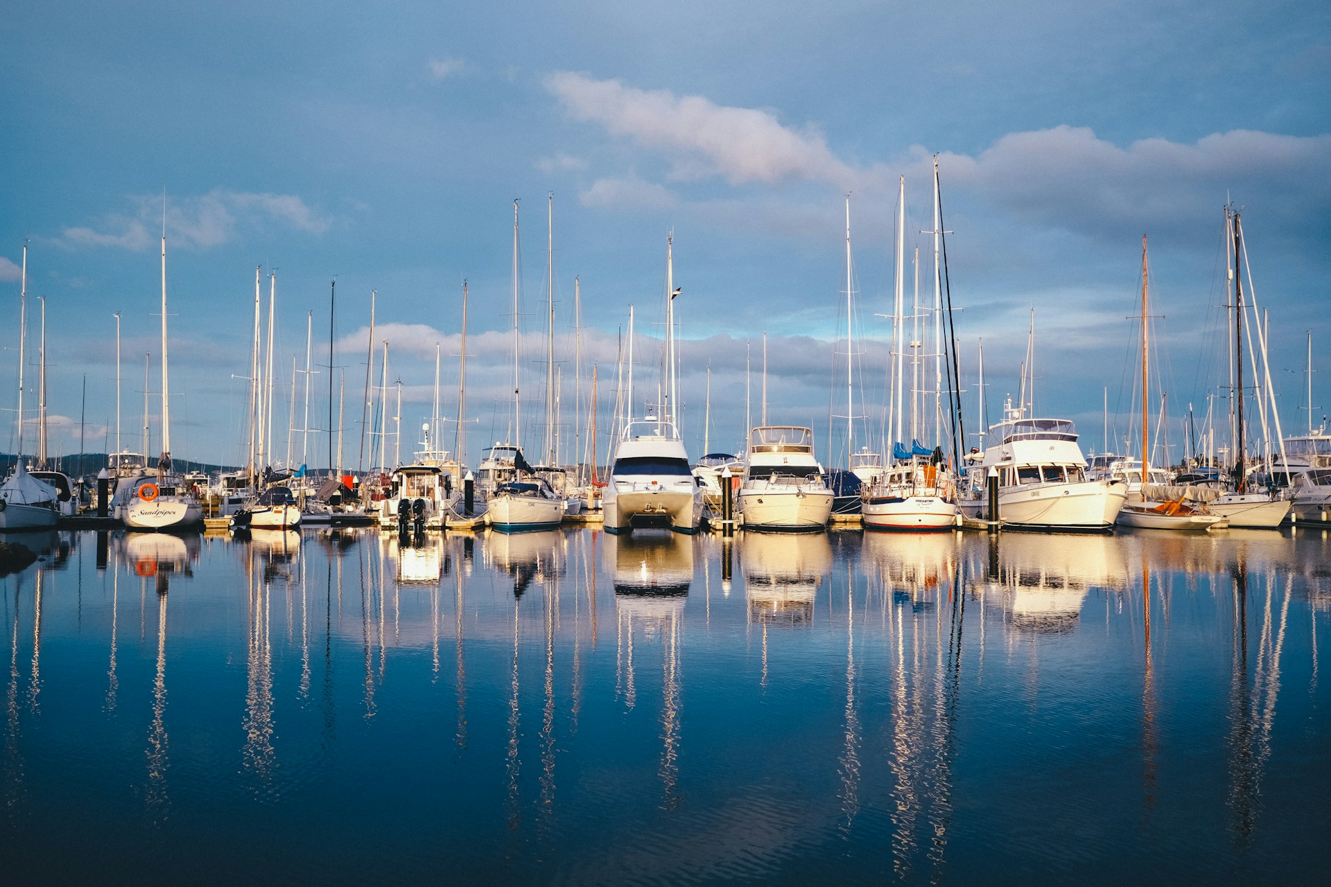 Boats docked at slips